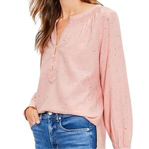 LOFT Top Size SP Peachy Pink Flecked Henley Blouse Smocked Peasant Loose Fit